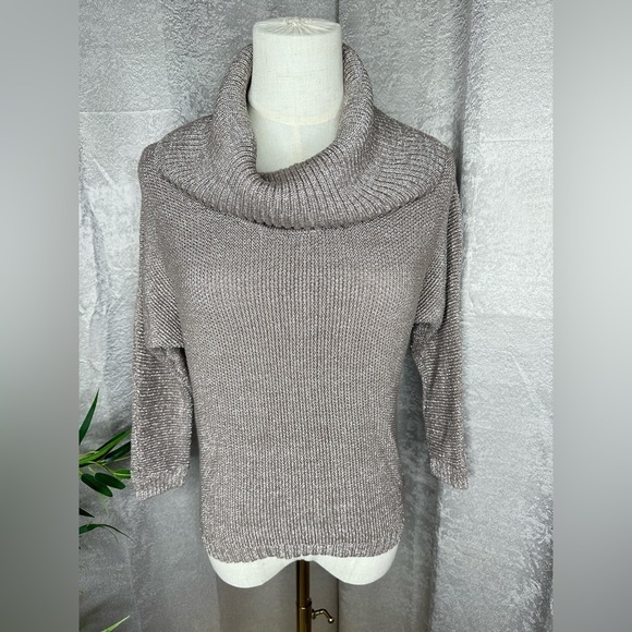 INC International Concepts Cowl Neck Metallic Knit Sweater in Taupe Sz Small - Picture 1 of 8